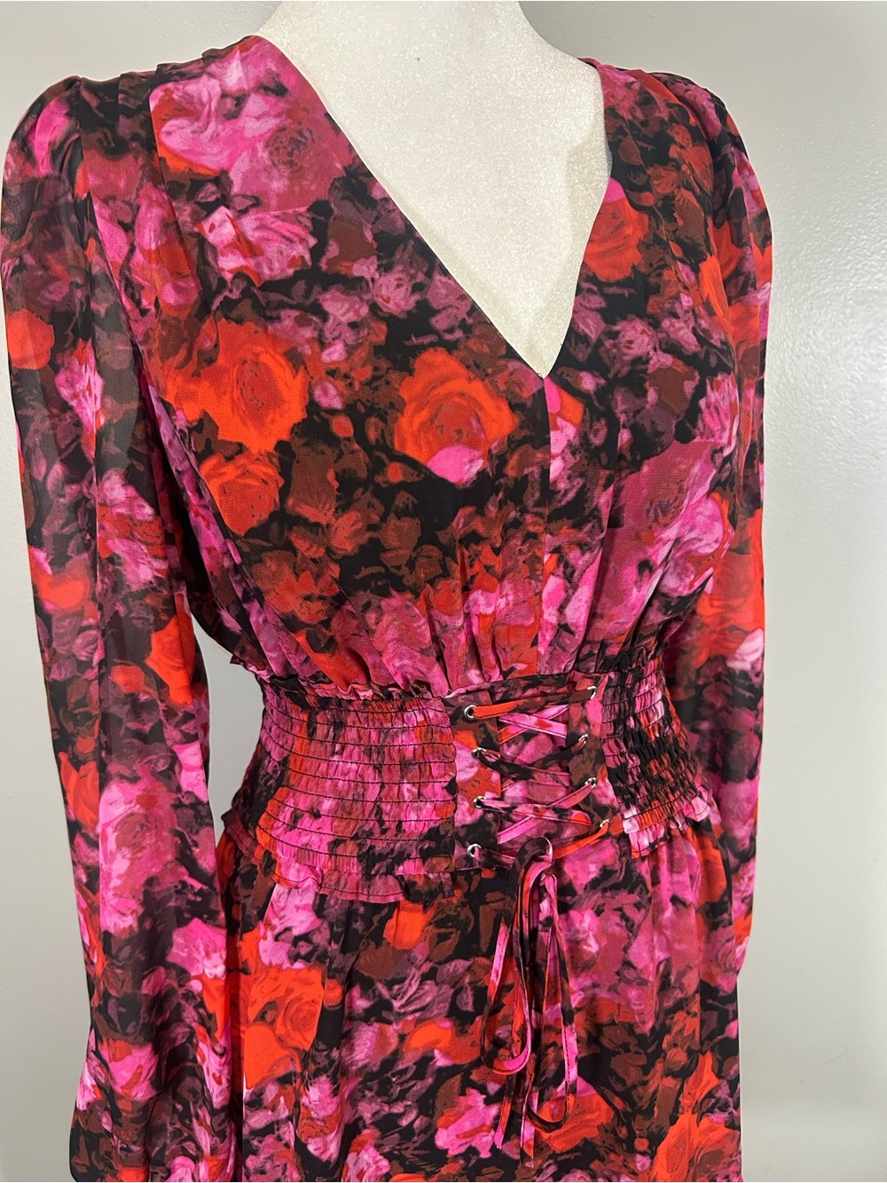 Steve Madden Diana mini dress rose floral Corset Style Lace-Up Waist long sleeve - Picture 4 of 10